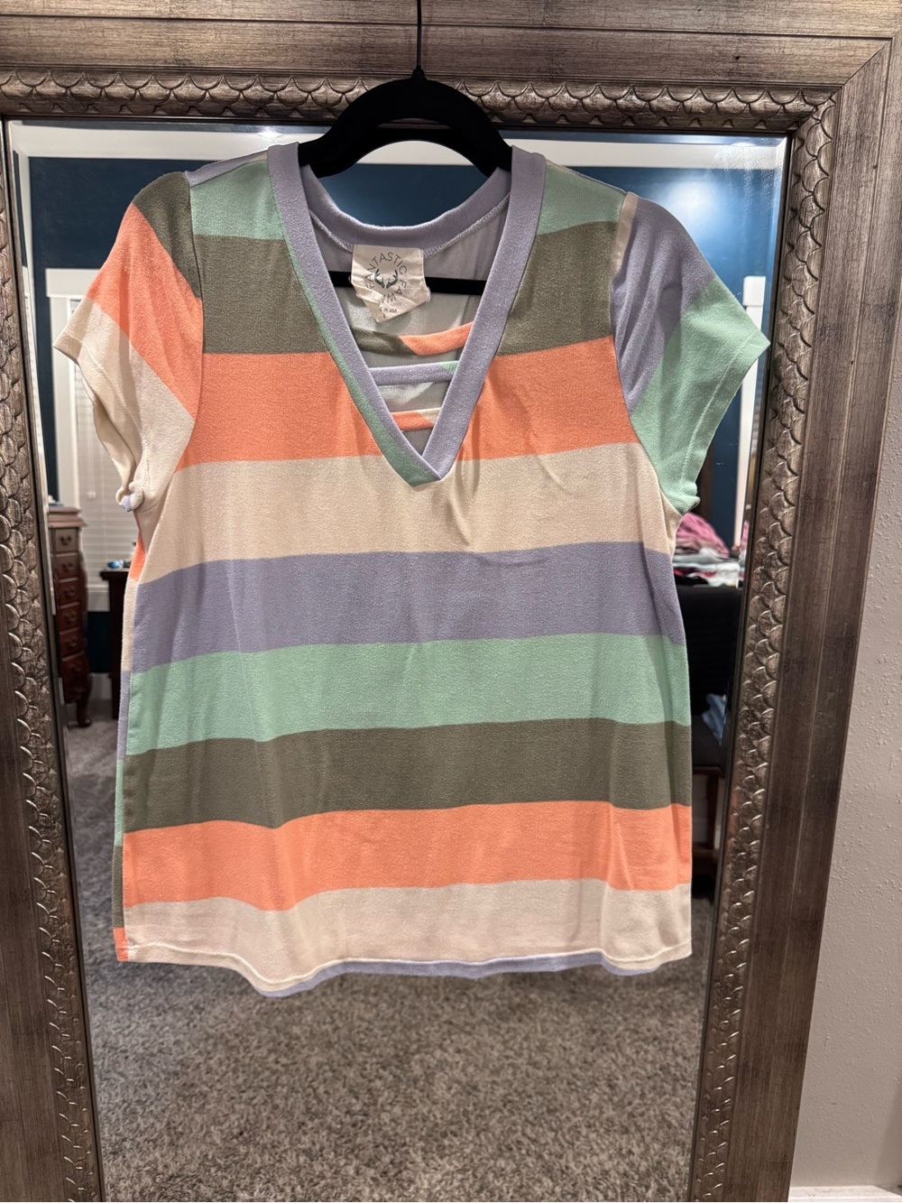 Fantastic Fawn Pastel Striped V-Neck Short Sleeve Top